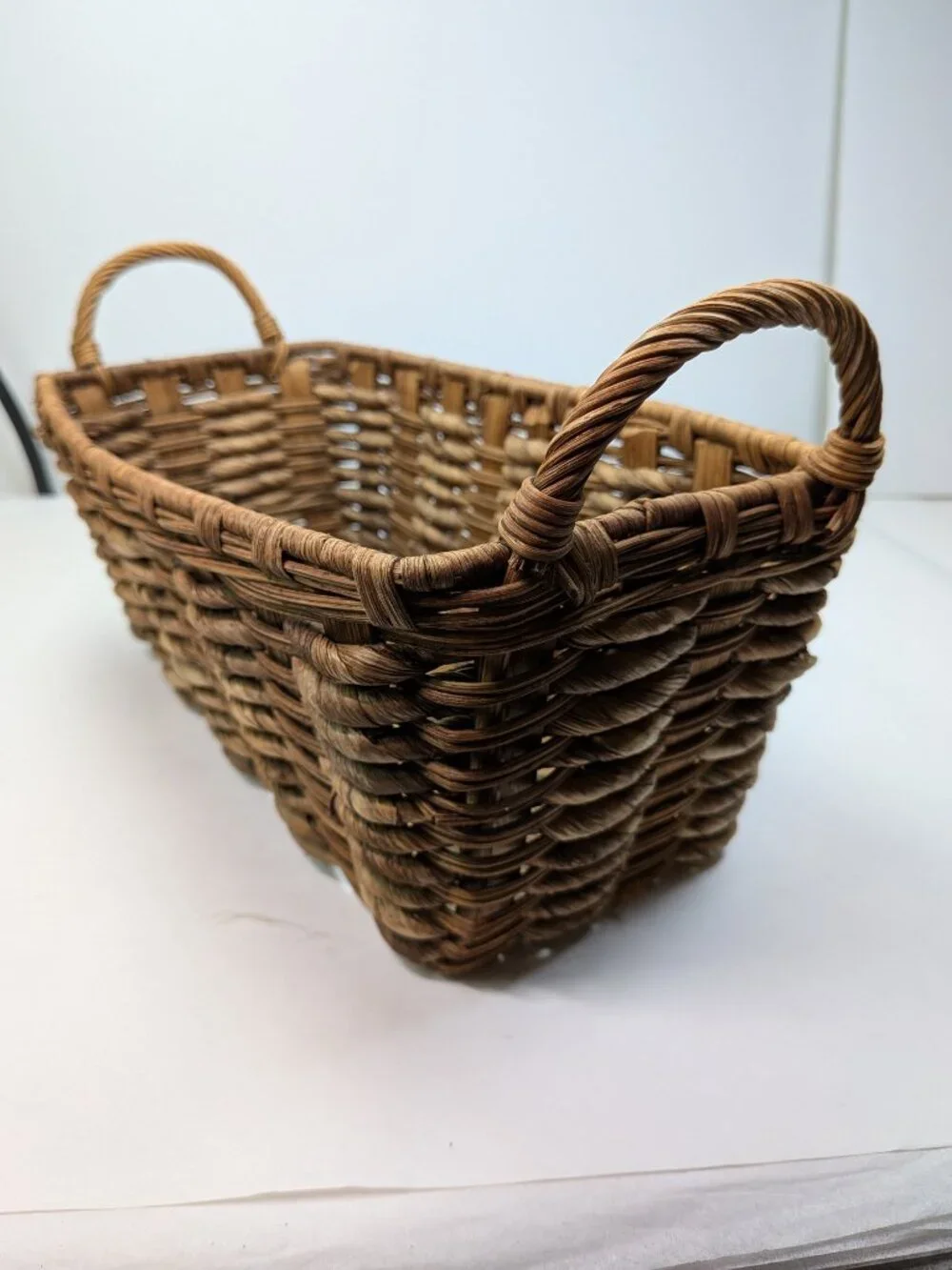Vintage Natural Wicker Baskets Set of 2 Braided Rim & Chunky Rope Weave Baskets